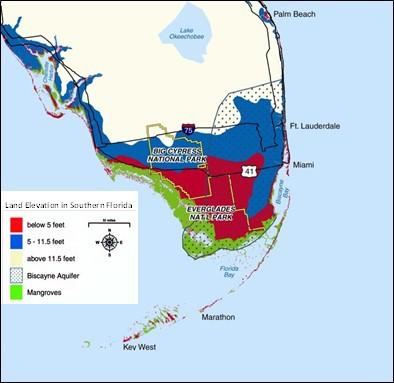 A graphic showing the Biscayne Aquifer and surrounding land in sourthern Florida.
