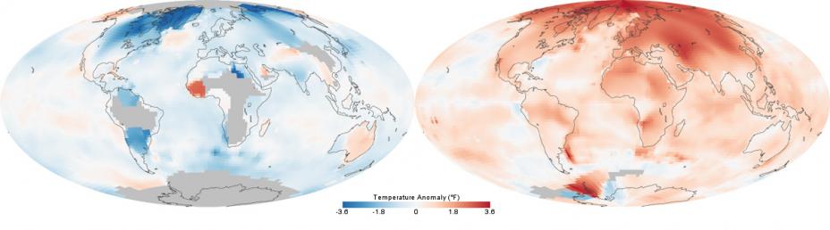 Temperatures across the world in the 1880s (left) and the 1980s (right).