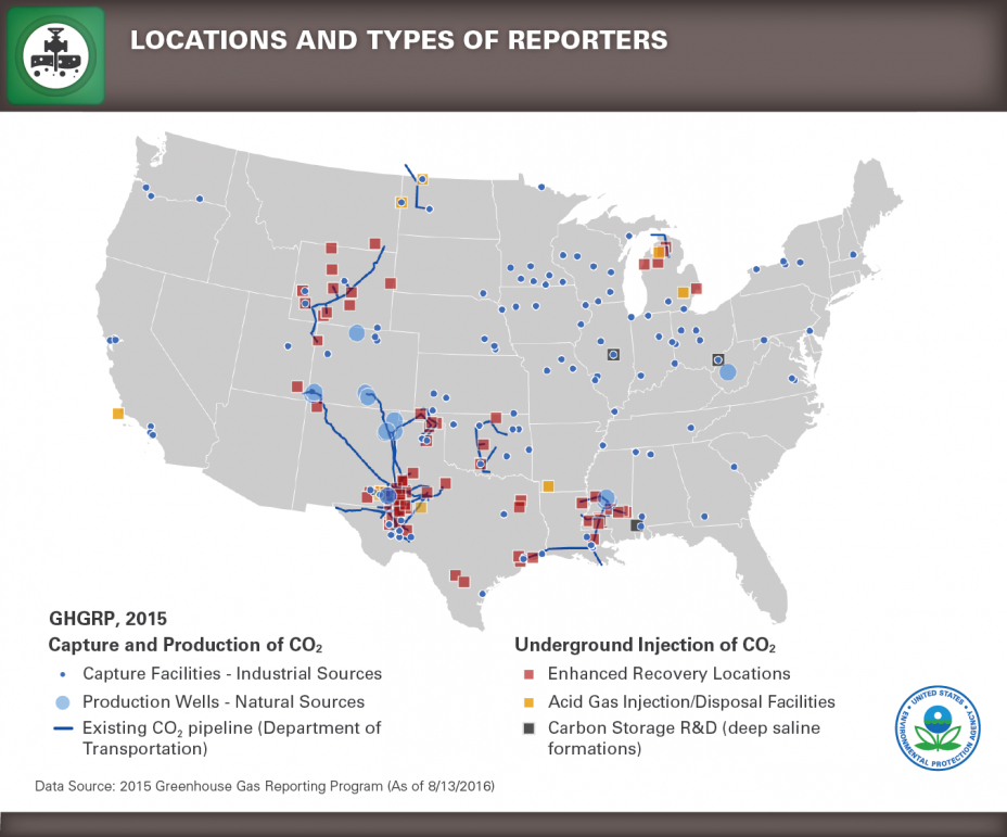 U.S. map marking locations of facilities that capture or produce CO2 or inject it underground.