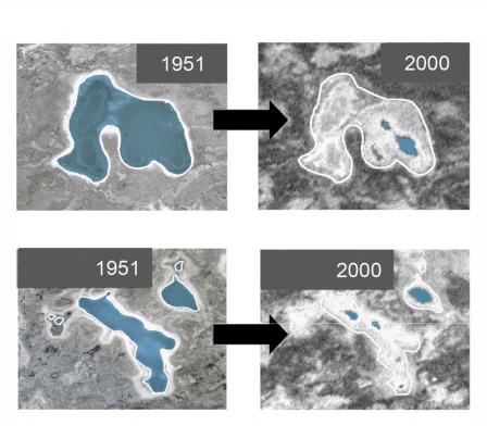 Two pairs of aerial photographs of pond areas in Alaska. The two images on the left show the pond areas in 1951 and the two corresponding images on the right show the same pond areas in 2000. The 2000 images have significantly smaller water levels.