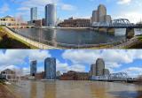 Before and after images of flooding in downtown Grand Rapids